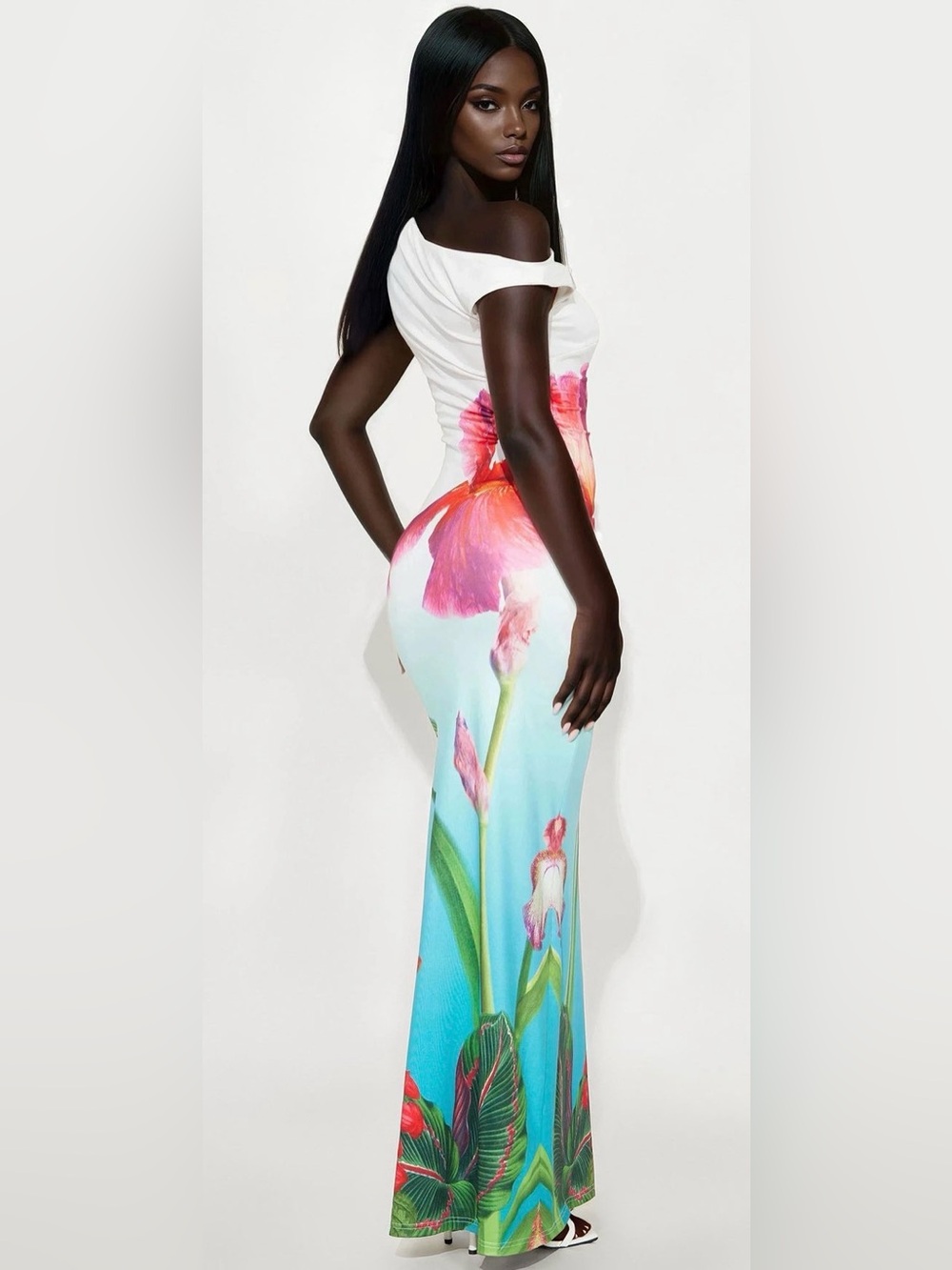 Fashion Nova White One-Shoulder Maxi Dress with Pink & Orange Floral Print - Picture 3 of 6